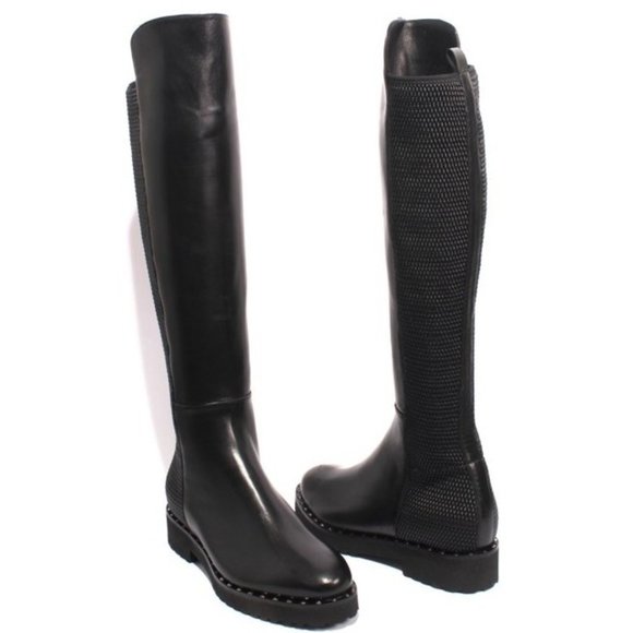 ITALIAN Black Leather Sheepskin Knee High Boots - Picture 2 of 9